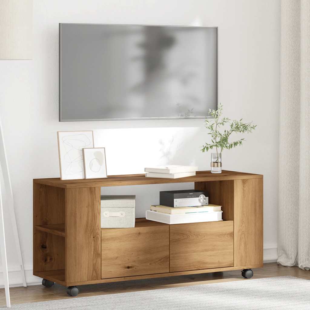 Meuble TV avec roulettes chêne artisanal bois d'ingénierie - XIOS