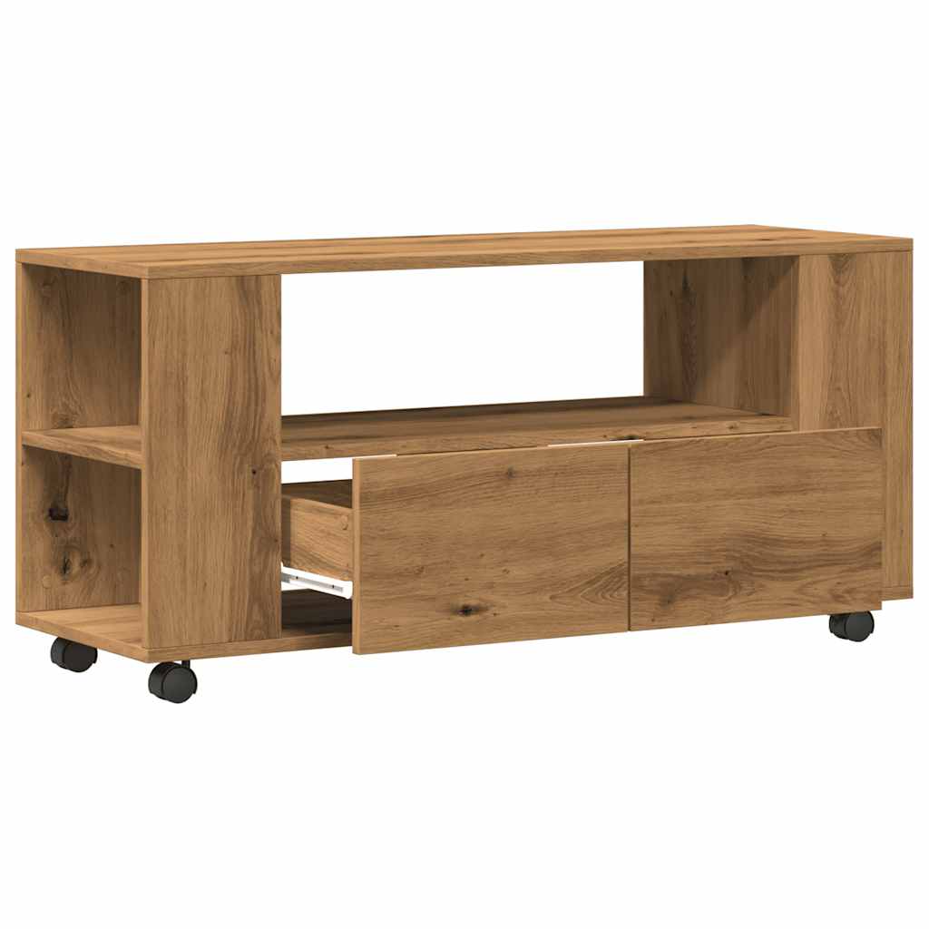 Meuble TV avec roulettes chêne artisanal bois d'ingénierie - XIOS