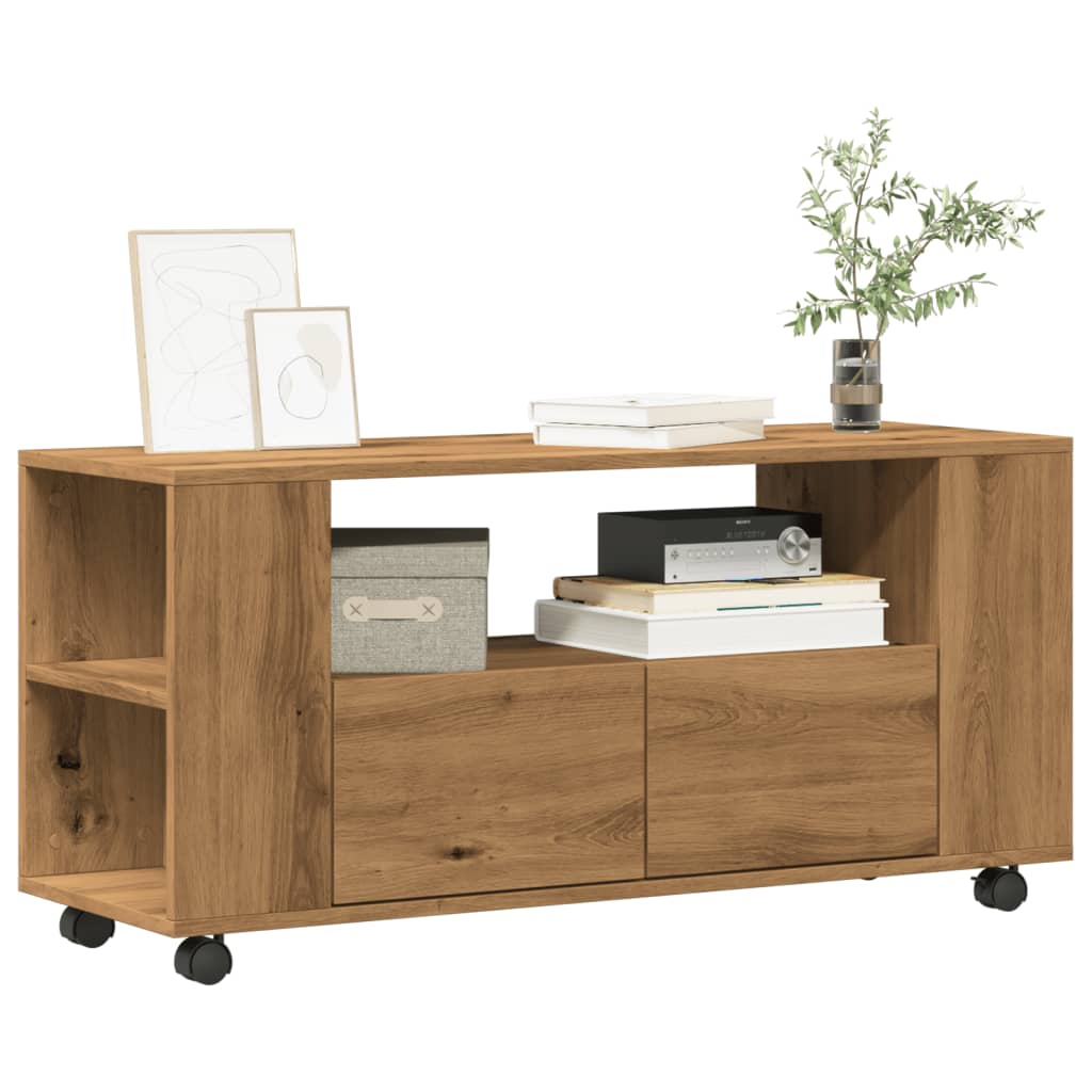 Meuble TV avec roulettes chêne artisanal bois d'ingénierie - XIOS