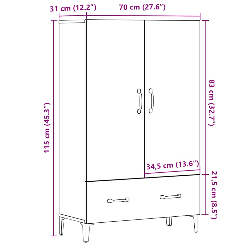 Buffet haut vieux bois 70x31x115 cm bois d'ingénierie - XIOS