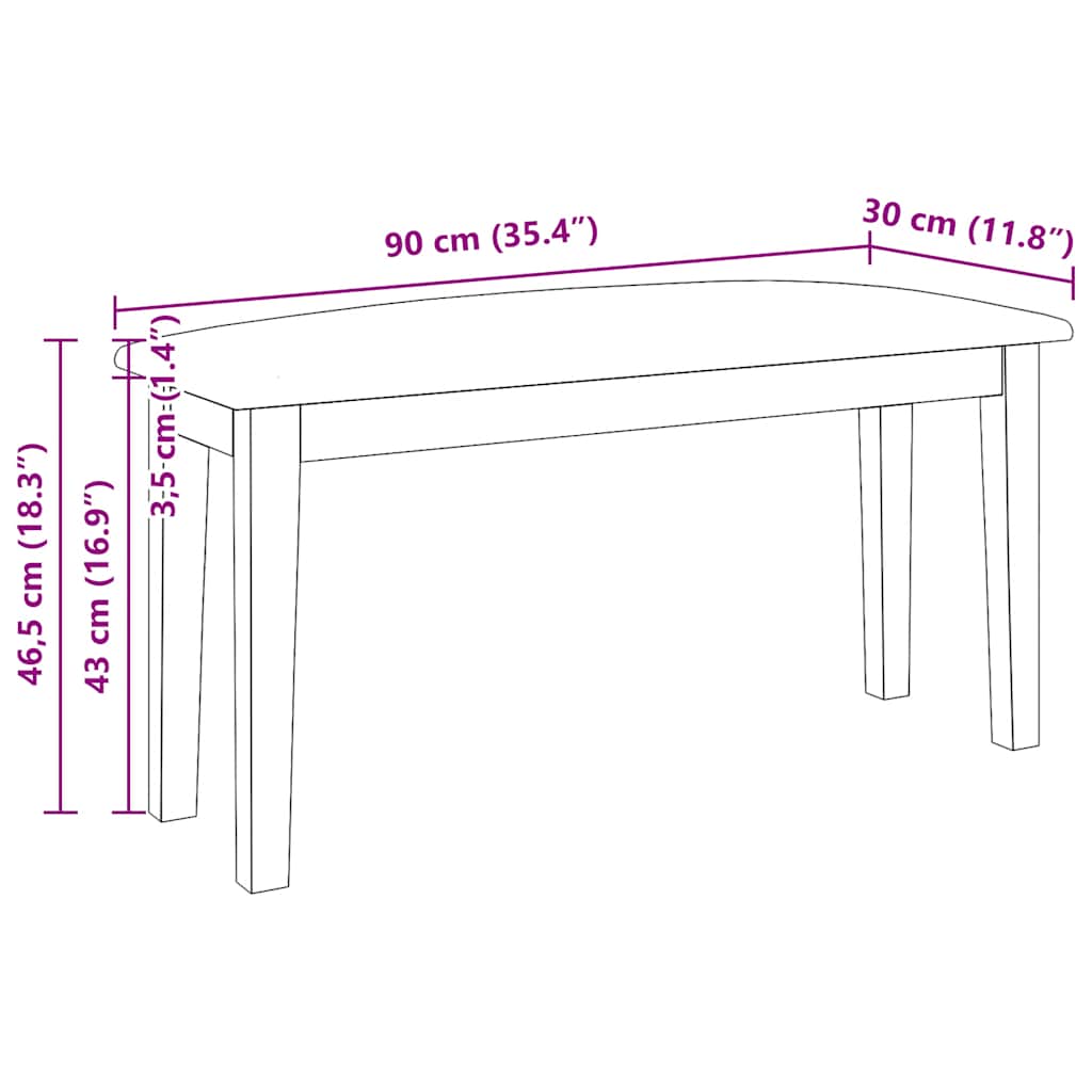 Banc 90 cm blanc bois massif caoutchouc - XIOS