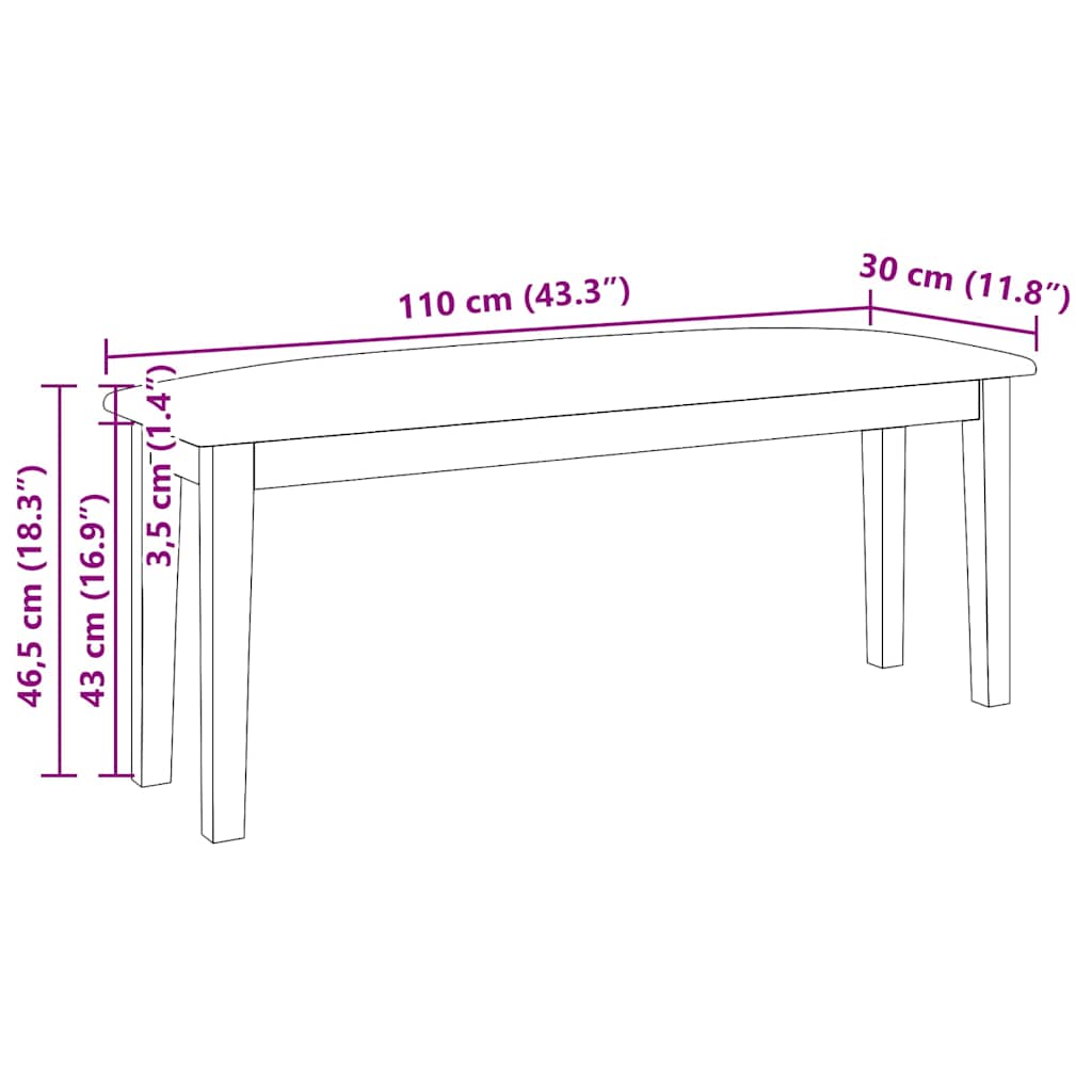 Banc 110 cm blanc bois massif caoutchouc Bancs de cuisine & salle à manger vidaXL
