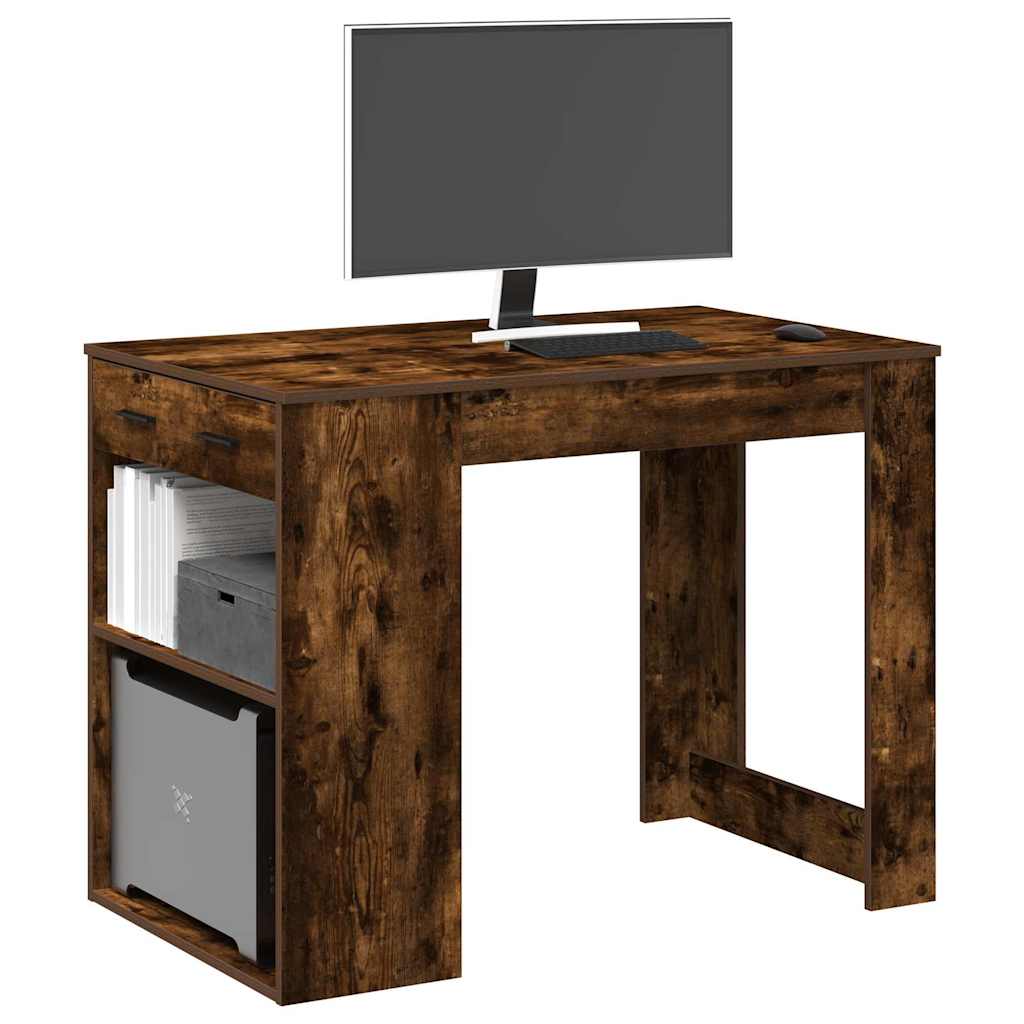 Bureau avec tiroir et étagère chêne fumé bois d'ingénierie - XIOS