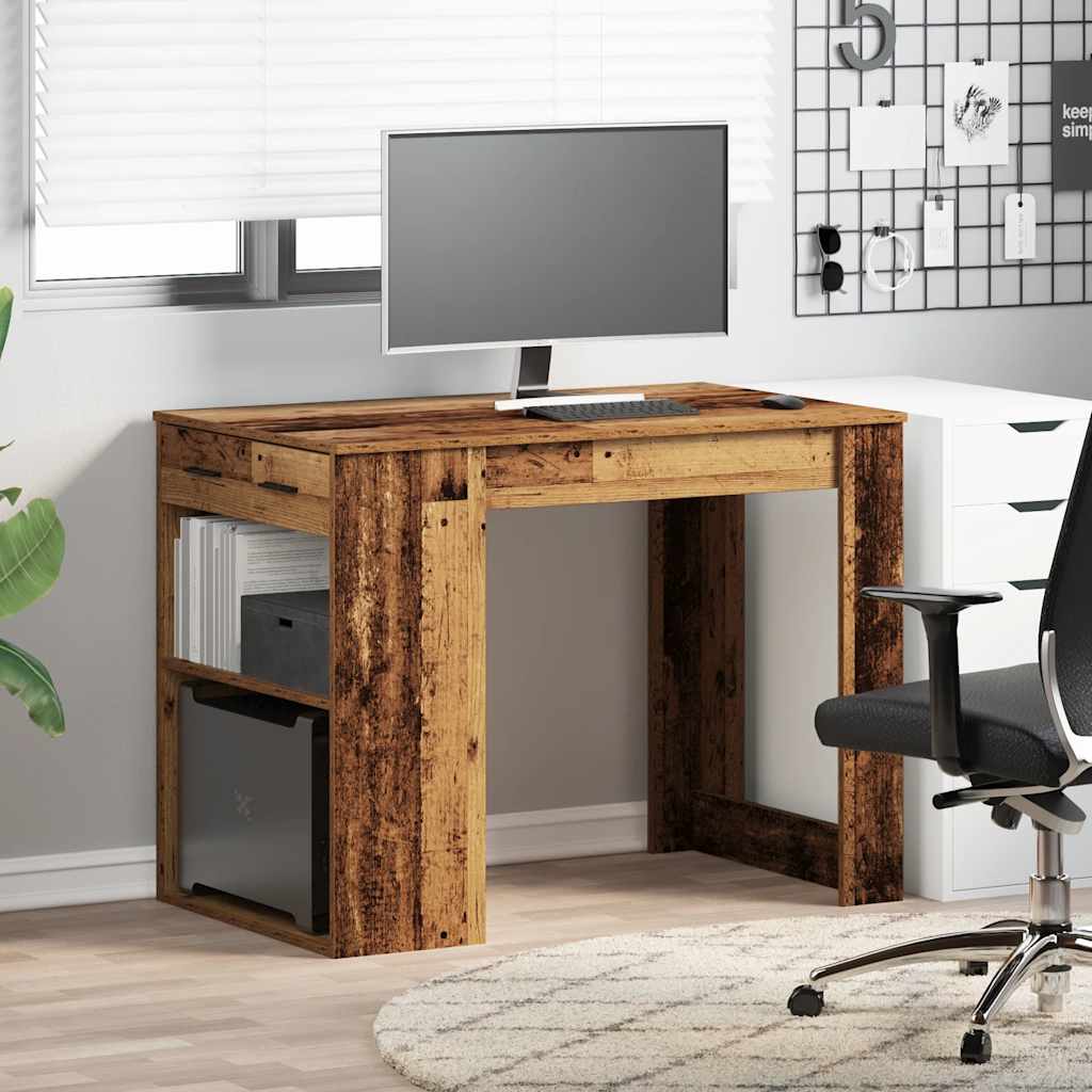 Bureau avec tiroir et étagère vieux bois bois d'ingénierie - XIOS
