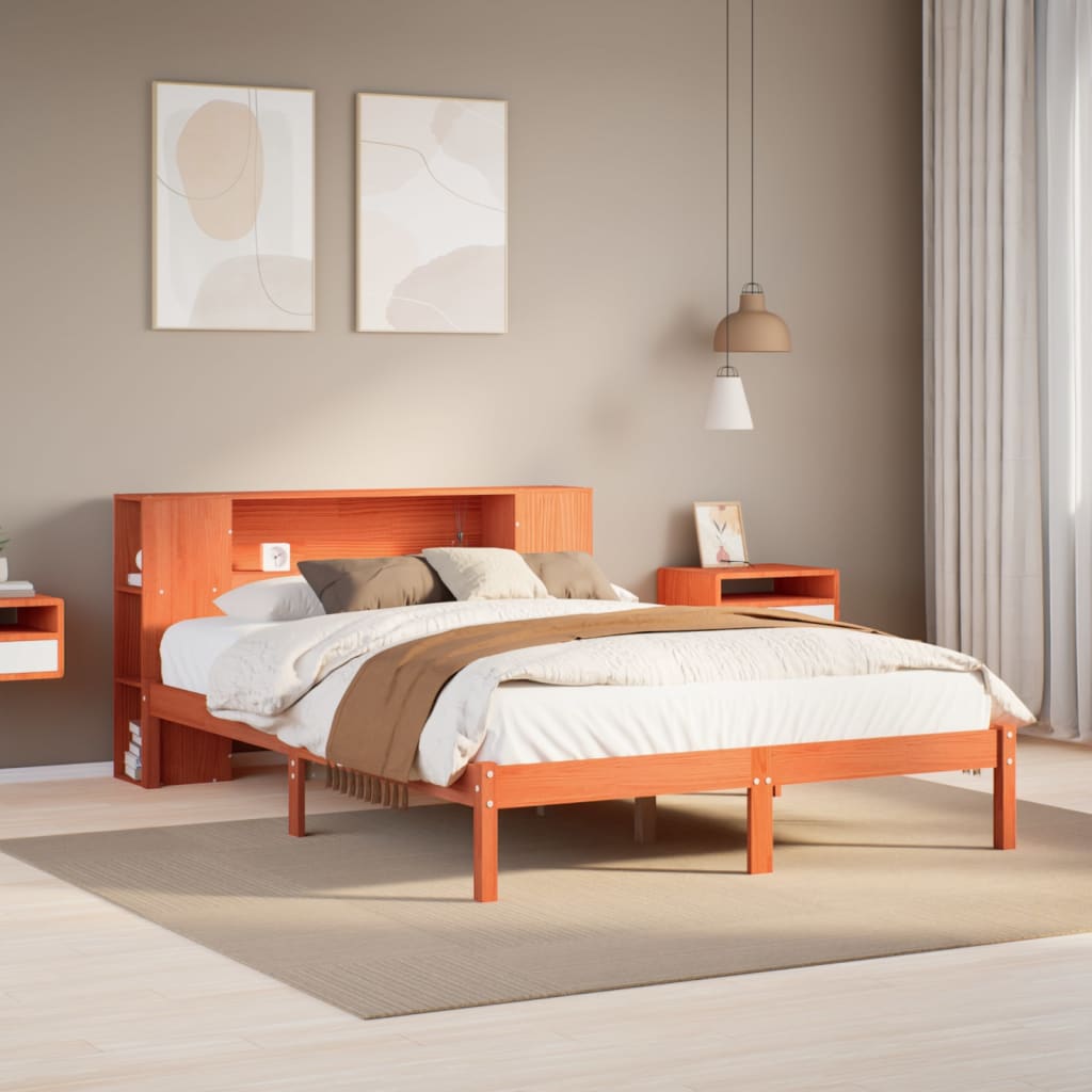 Lit bibliothèque sans matelas cire marron 140x190 cm pin massif - XIOS