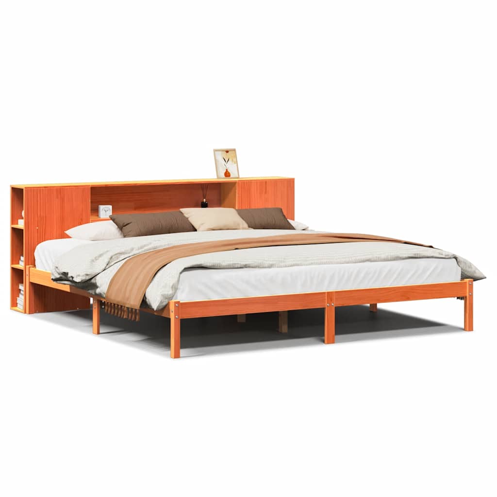 Lit bibliothèque sans matelas cire marron 200x200 cm pin massif - XIOS