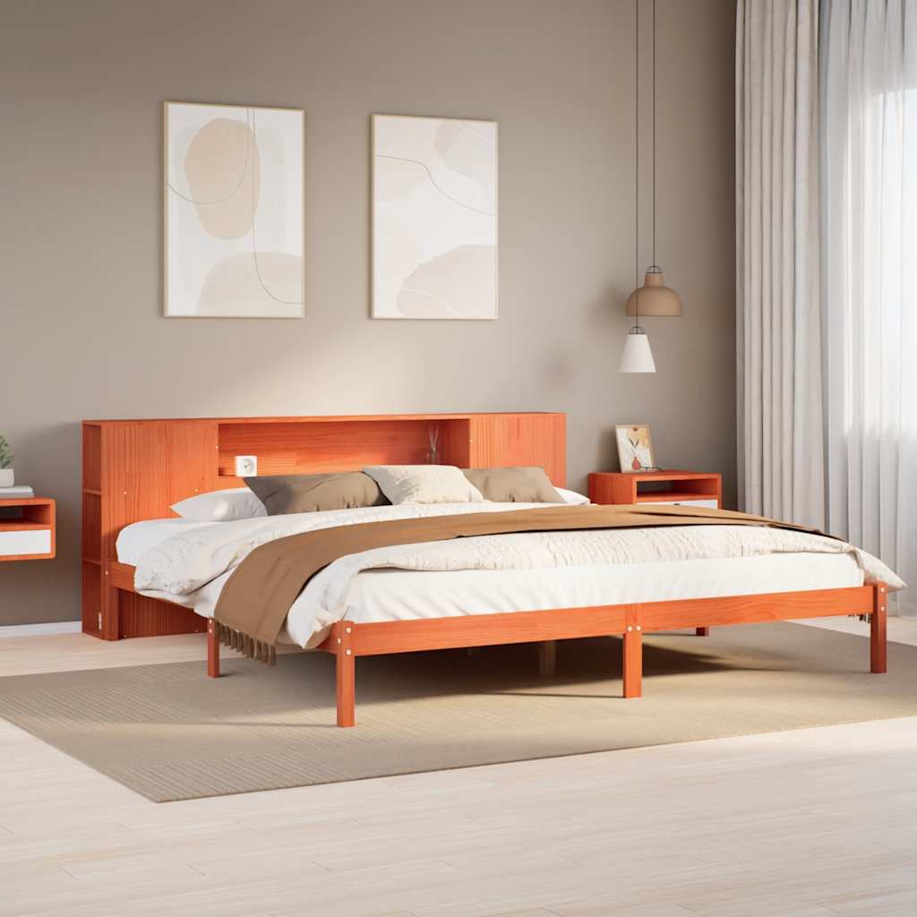 Lit bibliothèque sans matelas cire marron 200x200 cm pin massif - XIOS