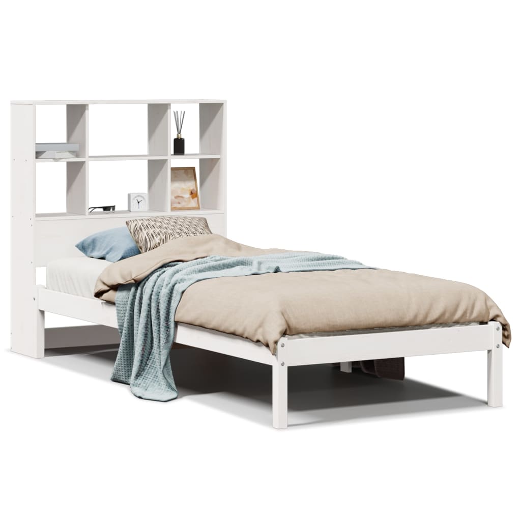 Lit bibliothèque sans matelas blanc 90x190cm bois de pin massif - XIOS