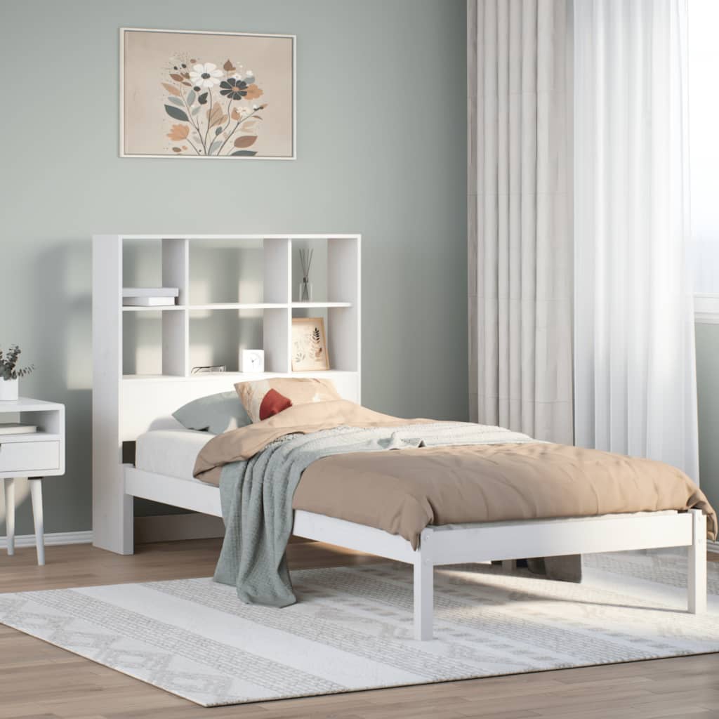 Lit bibliothèque sans matelas blanc 90x190cm bois de pin massif - XIOS