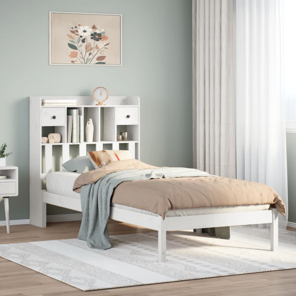 Lit bibliothèque sans matelas blanc 75x190cm bois de pin massif - XIOS