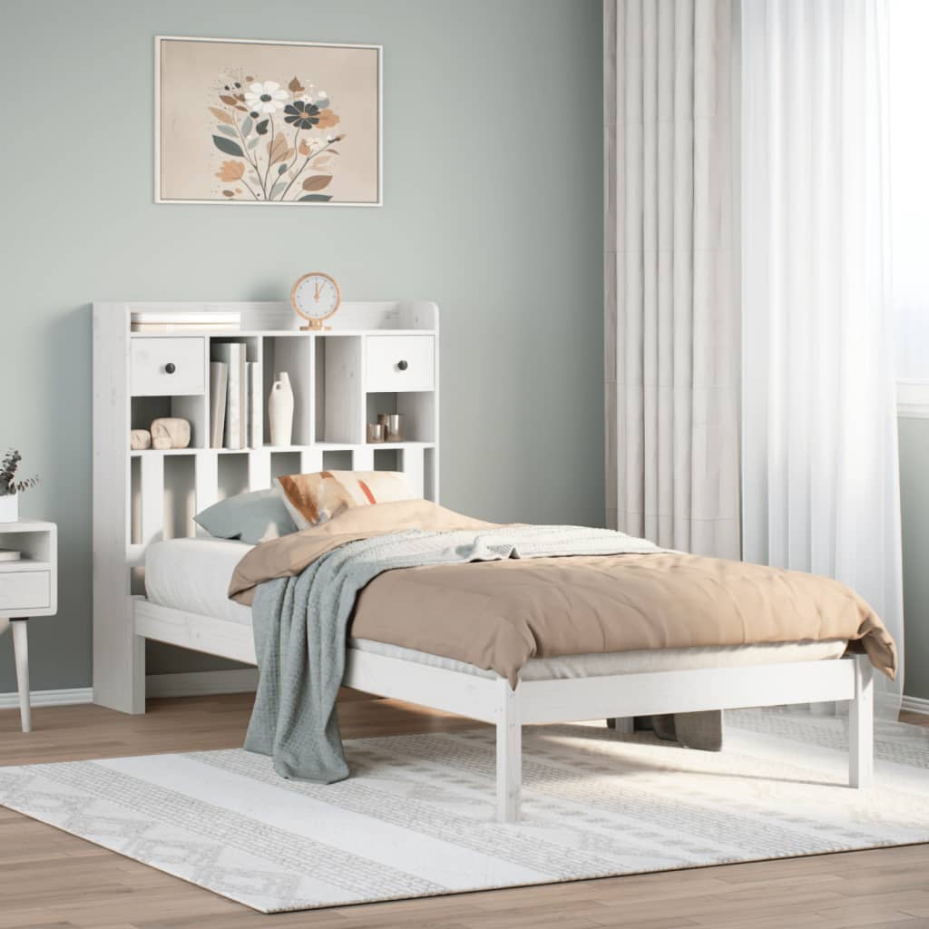 Lit bibliothèque sans matelas blanc 90x190cm bois de pin massif - XIOS