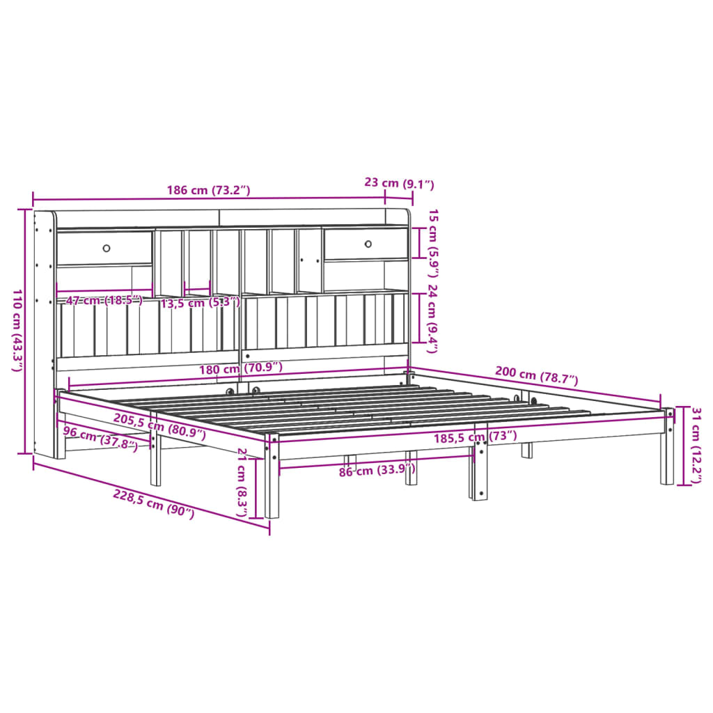 Lit bibliothèque sans matelas 180x200 cm bois massif de pin - XIOS