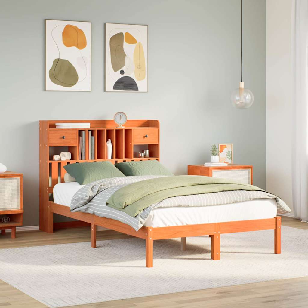 Lit bibliothèque sans matelas cire marron 135x190 cm pin massif - XIOS