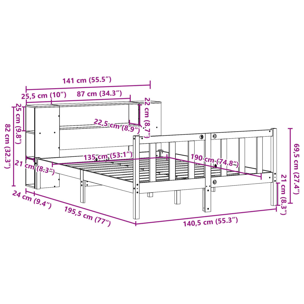 Lit bibliothèque sans matelas cire marron 135x190 cm pin massif