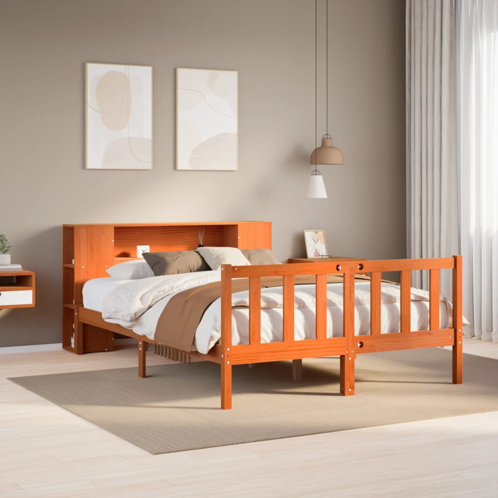 Lit bibliothèque sans matelas cire marron 135x190 cm pin massif