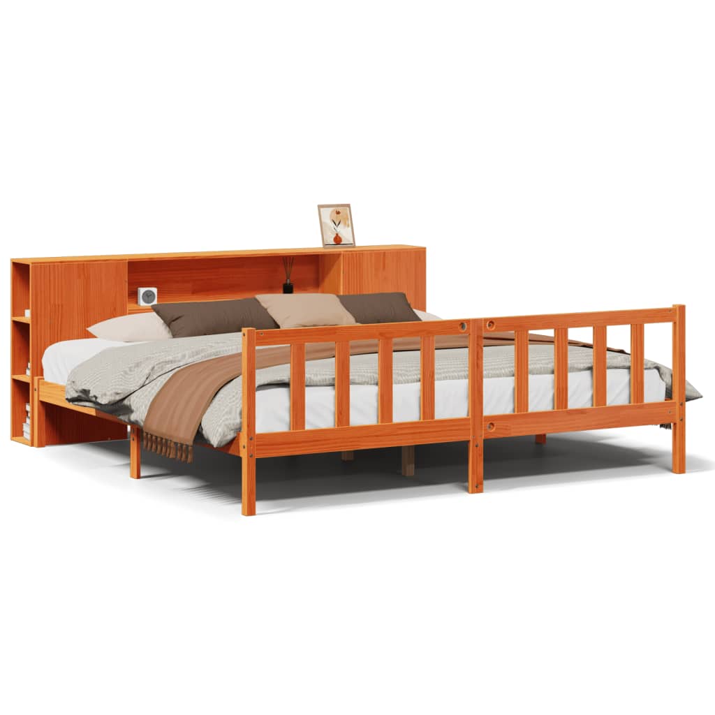 Lit bibliothèque sans matelas cire marron 200x200 cm pin massif