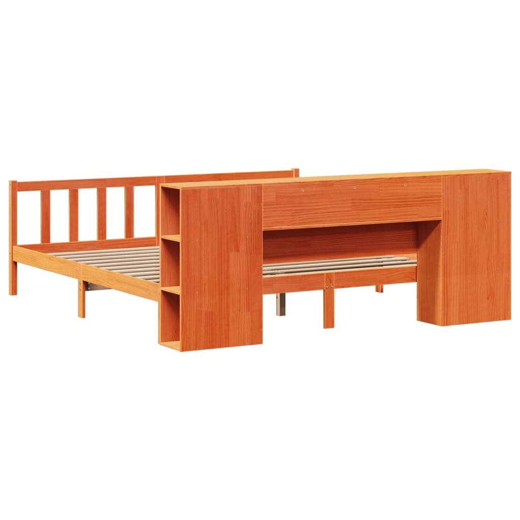 Lit bibliothèque sans matelas cire marron 200x200 cm pin massif
