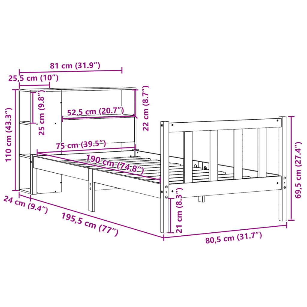 Lit bibliothèque sans matelas 75x190 cm bois de pin massif - XIOS