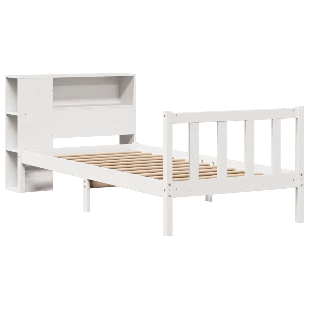 Lit bibliothèque sans matelas blanc 90x190cm bois de pin massif - XIOS