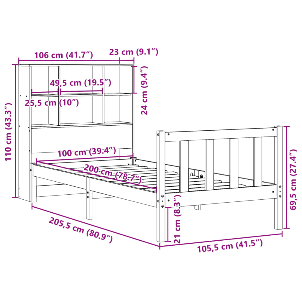 Lit bibliothèque sans matelas cire marron 100x200 cm pin massif - XIOS