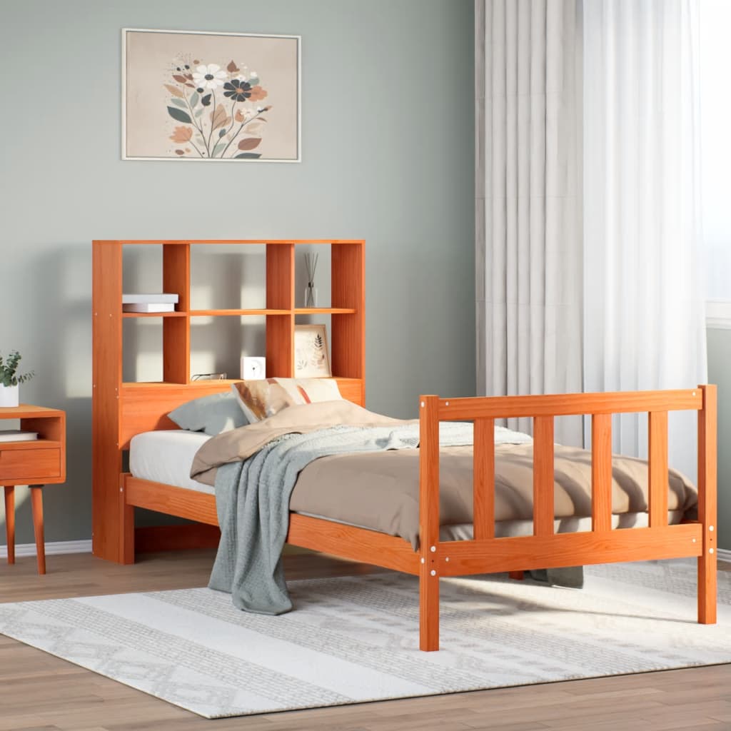 Lit bibliothèque sans matelas cire marron 100x200 cm pin massif - XIOS