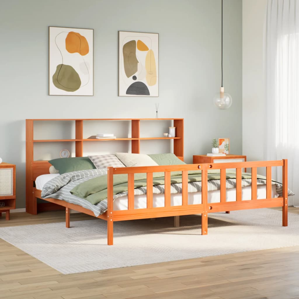 Lit bibliothèque sans matelas cire marron 180x200 cm pin massif