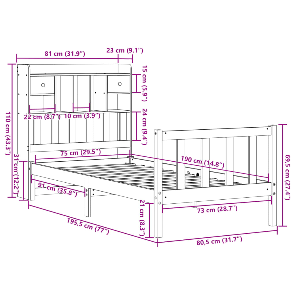 Lit bibliothèque sans matelas 75x190 cm bois de pin massif - XIOS