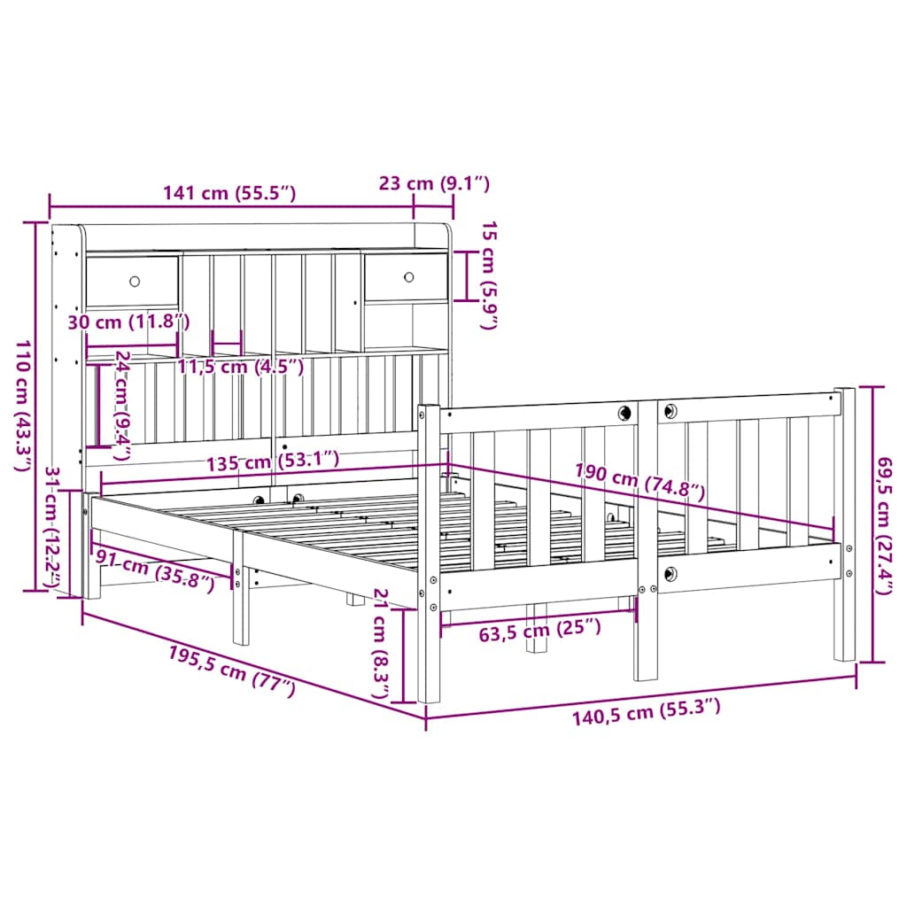 Lit bibliothèque sans matelas 135x190 cm bois de pin massif - XIOS