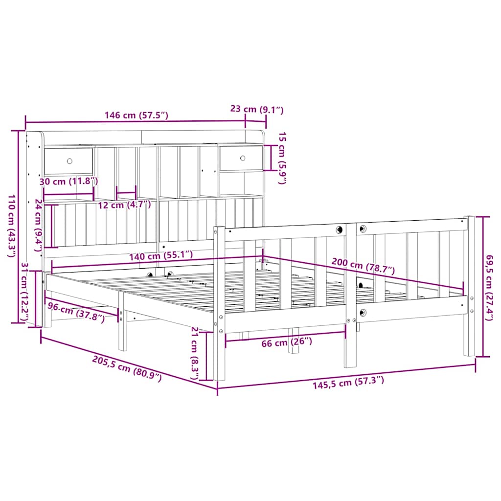 Lit bibliothèque sans matelas blanc 140x200 cm bois pin massif