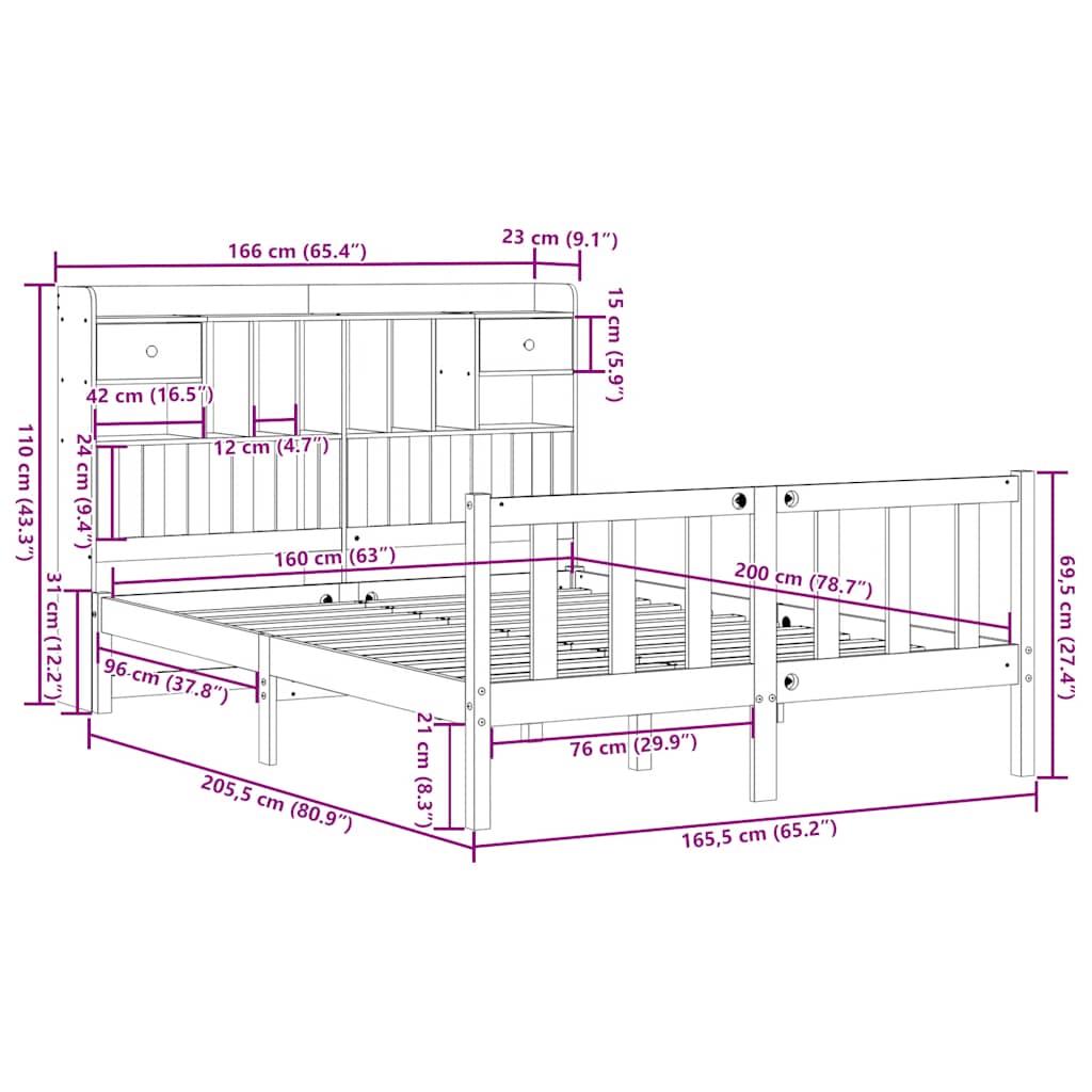 Lit bibliothèque sans matelas blanc 160x200 cm bois pin massif