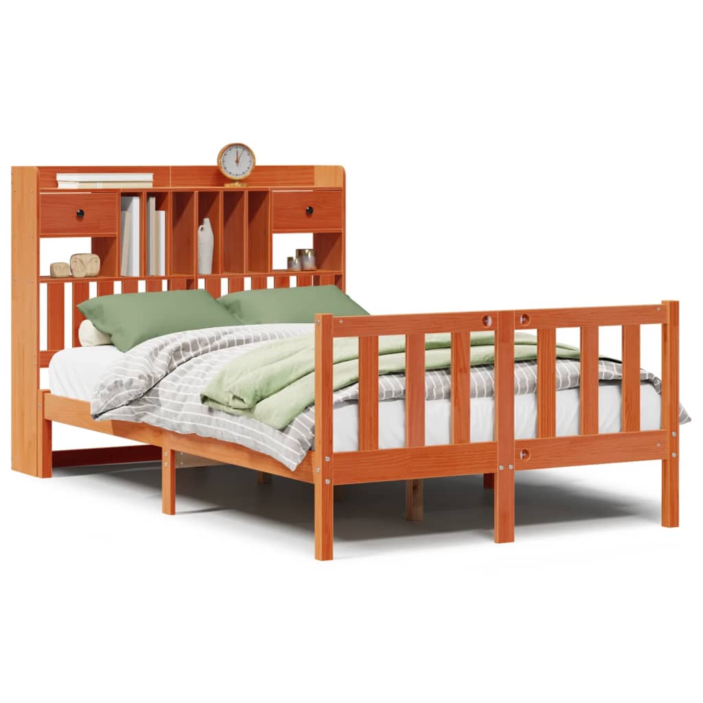 Lit bibliothèque sans matelas cire marron 135x190 cm pin massif