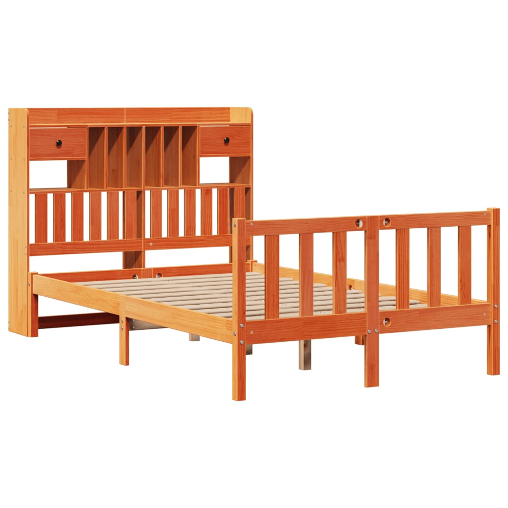 Lit bibliothèque sans matelas cire marron 135x190 cm pin massif