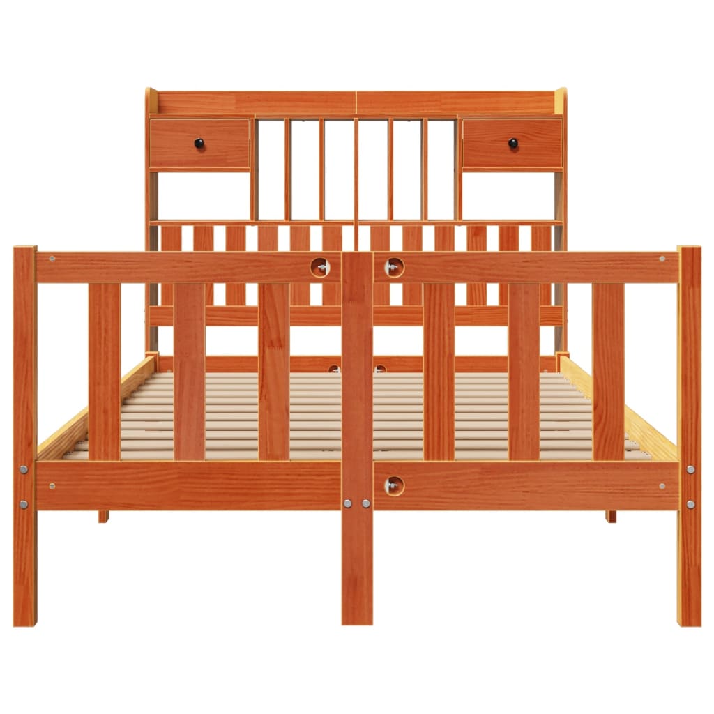 Lit bibliothèque sans matelas cire marron 135x190 cm pin massif