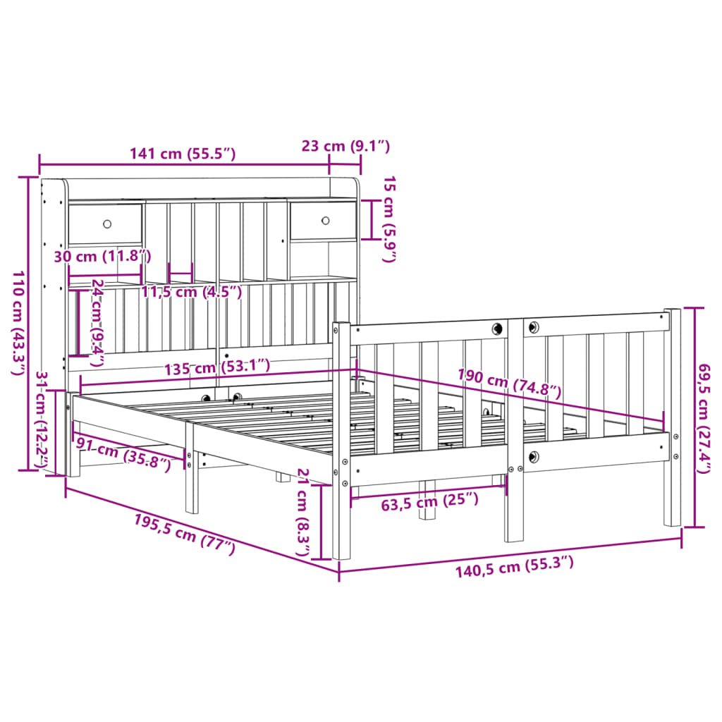 Lit bibliothèque sans matelas cire marron 135x190 cm pin massif