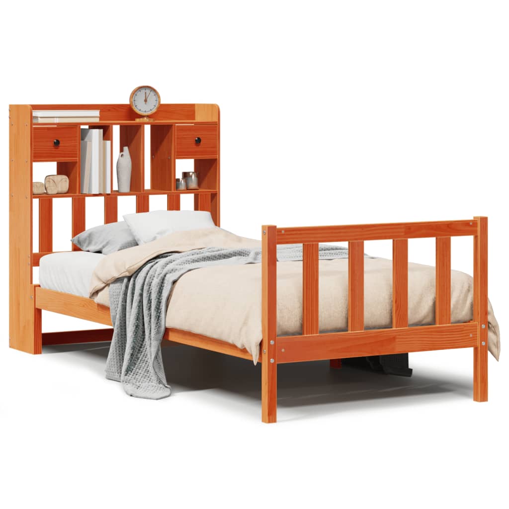 Lit bibliothèque sans matelas cire marron 100x200 cm pin massif - XIOS