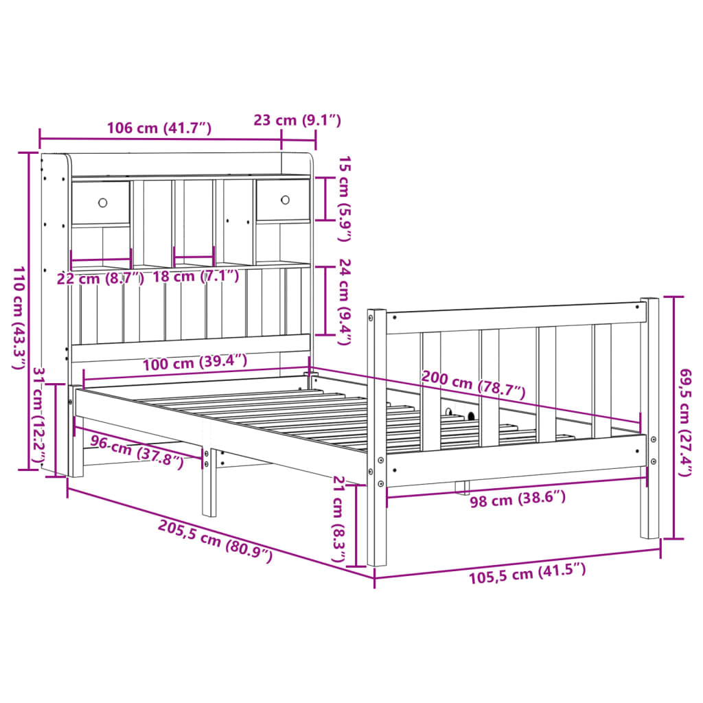 Lit bibliothèque sans matelas cire marron 100x200 cm pin massif - XIOS