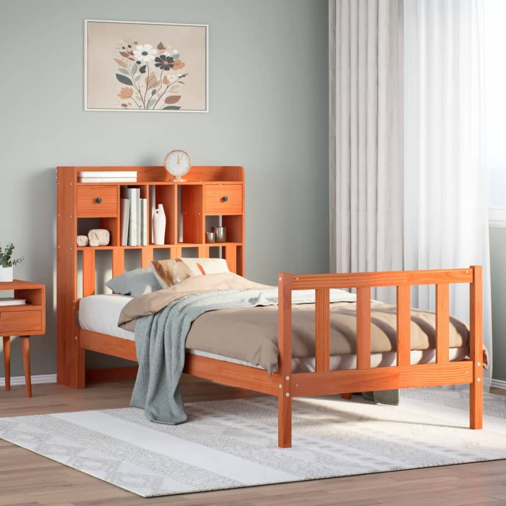 Lit bibliothèque sans matelas cire marron 100x200 cm pin massif - XIOS