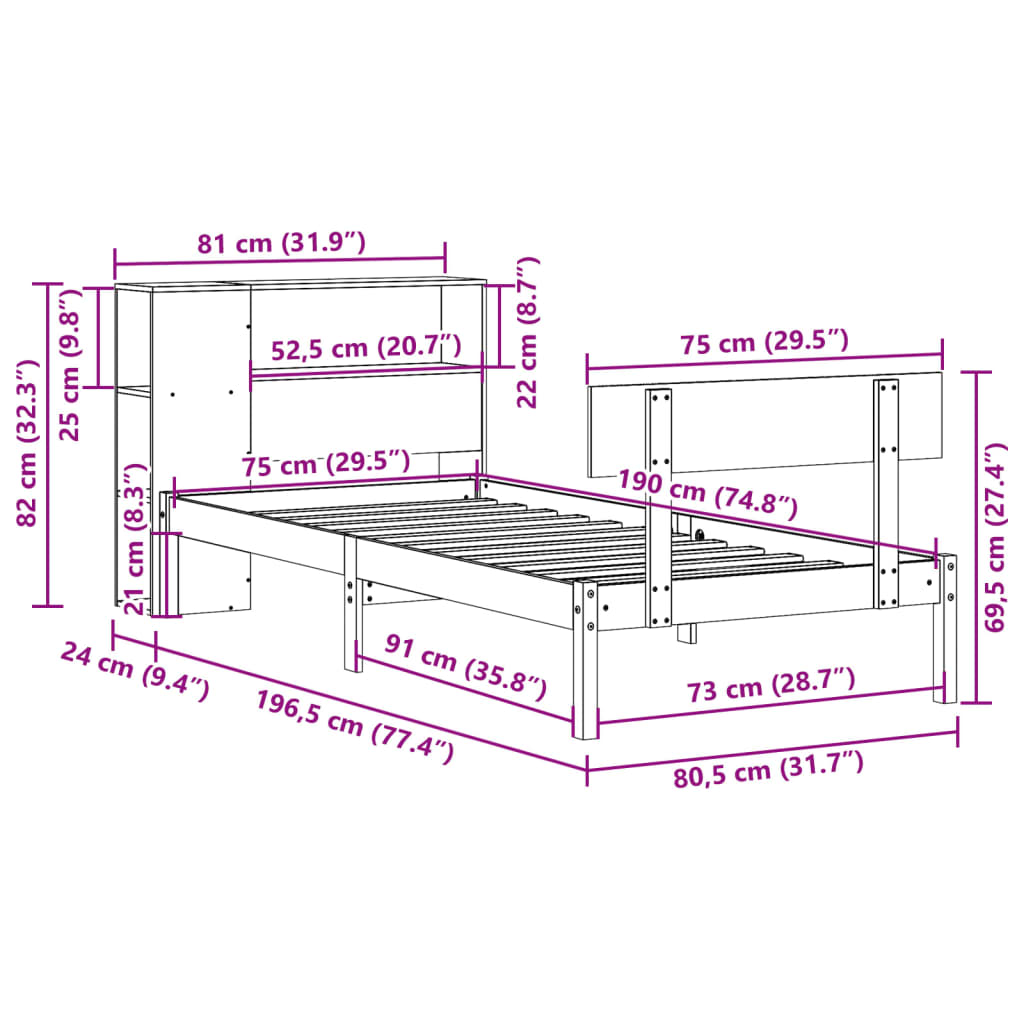 Lit bibliothèque sans matelas blanc 75x190cm bois de pin massif - XIOS