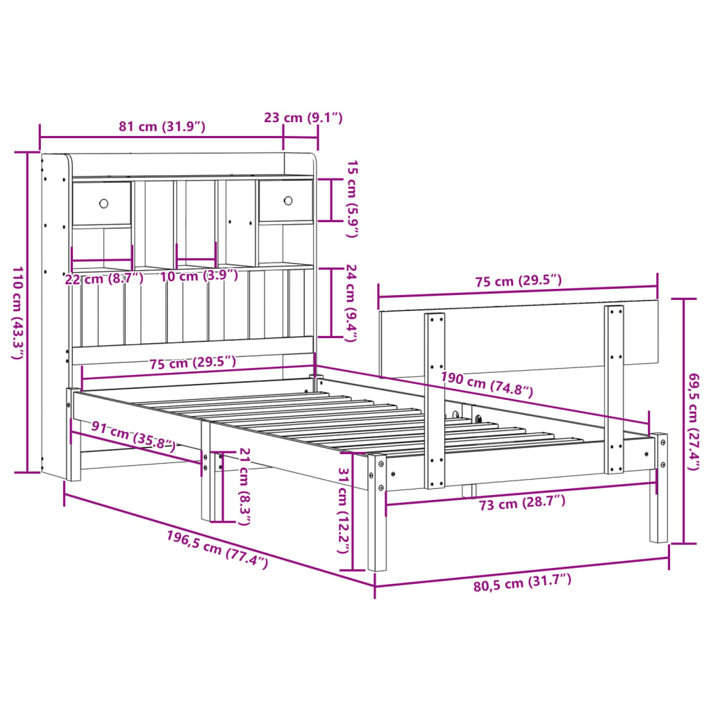 Lit bibliothèque sans matelas blanc 75x190cm bois de pin massif - XIOS