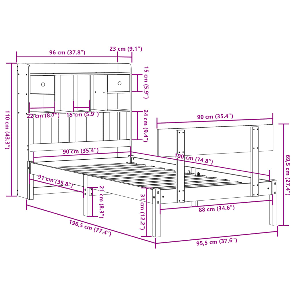 Lit bibliothèque sans matelas blanc 90x190cm bois de pin massif - XIOS