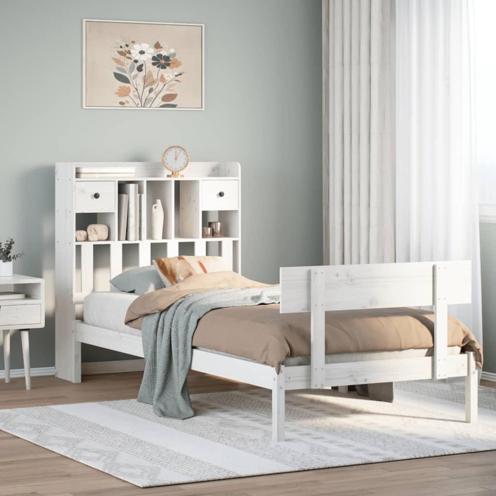 Lit bibliothèque sans matelas blanc 90x200cm bois de pin massif - XIOS