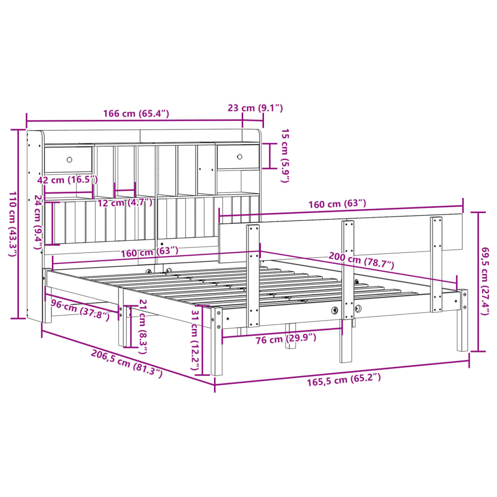 Lit bibliothèque sans matelas blanc 160x200 cm bois pin massif - XIOS