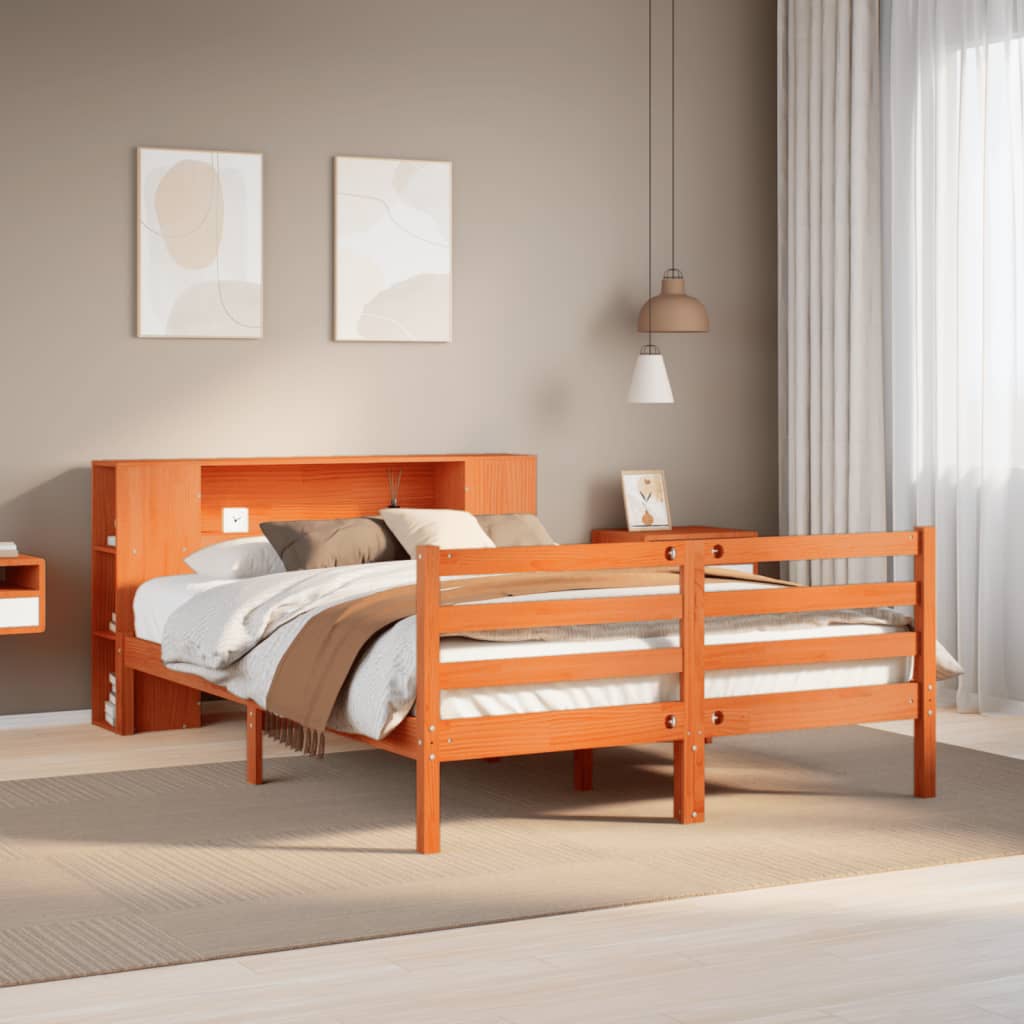 Lit bibliothèque sans matelas cire marron 150x200 cm pin massif - XIOS