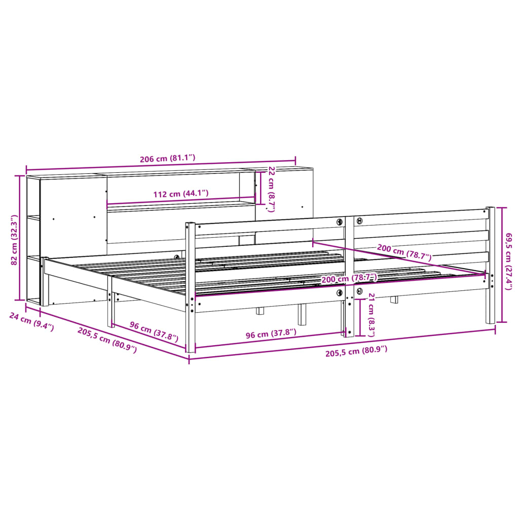 Lit bibliothèque sans matelas cire marron 200x200 cm pin massif - XIOS