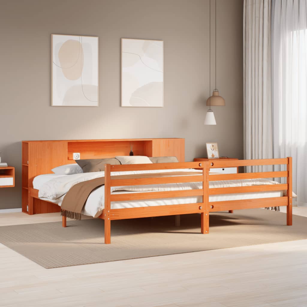 Lit bibliothèque sans matelas cire marron 200x200 cm pin massif - XIOS
