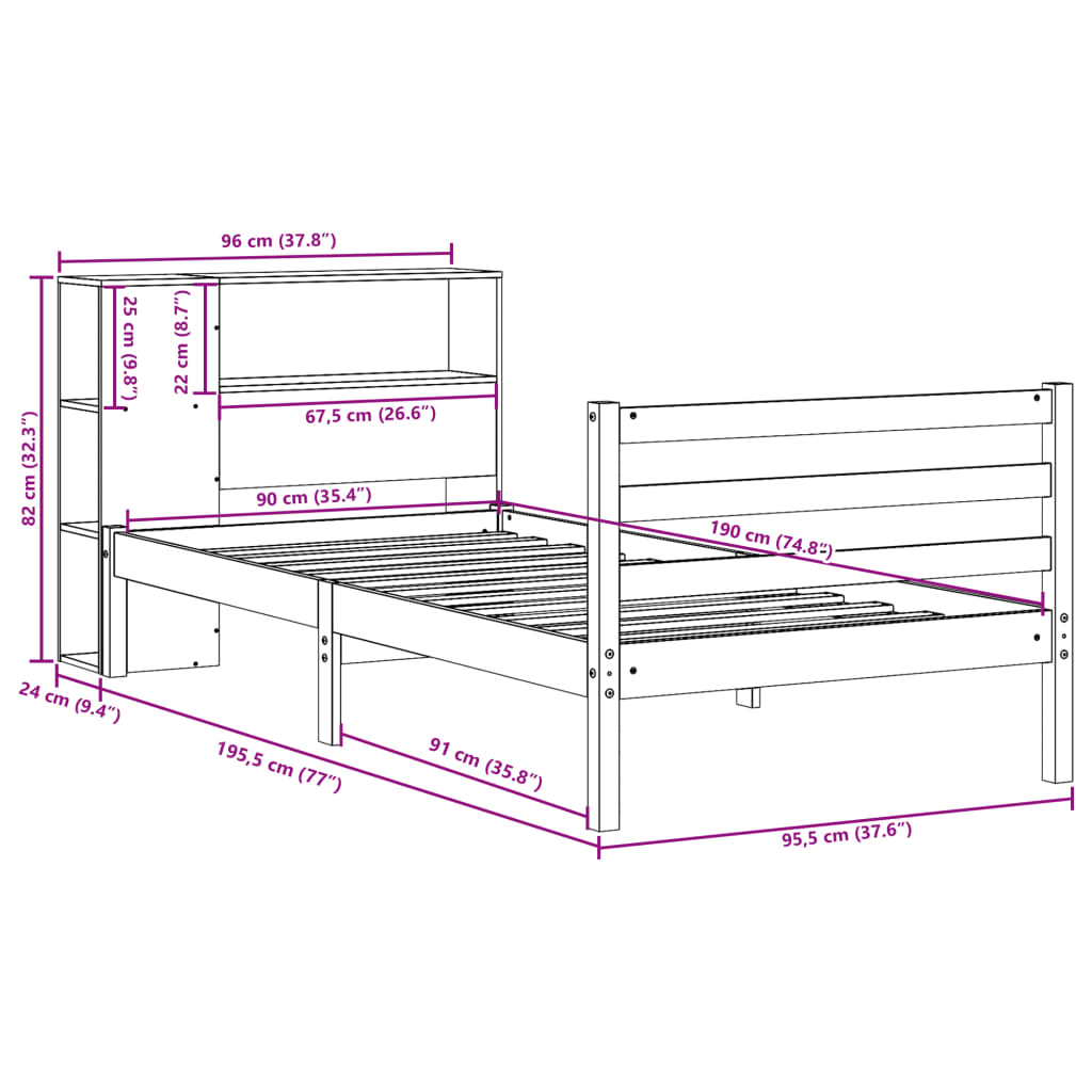 Lit bibliothèque sans matelas 90x190 cm bois de pin massif - XIOS