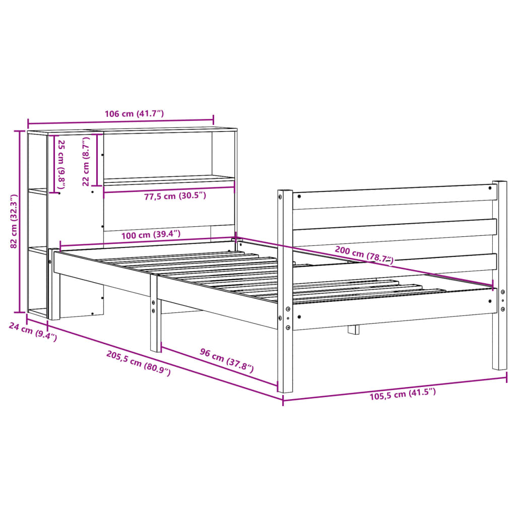 Lit bibliothèque sans matelas blanc 100x200 cm bois pin massif - XIOS