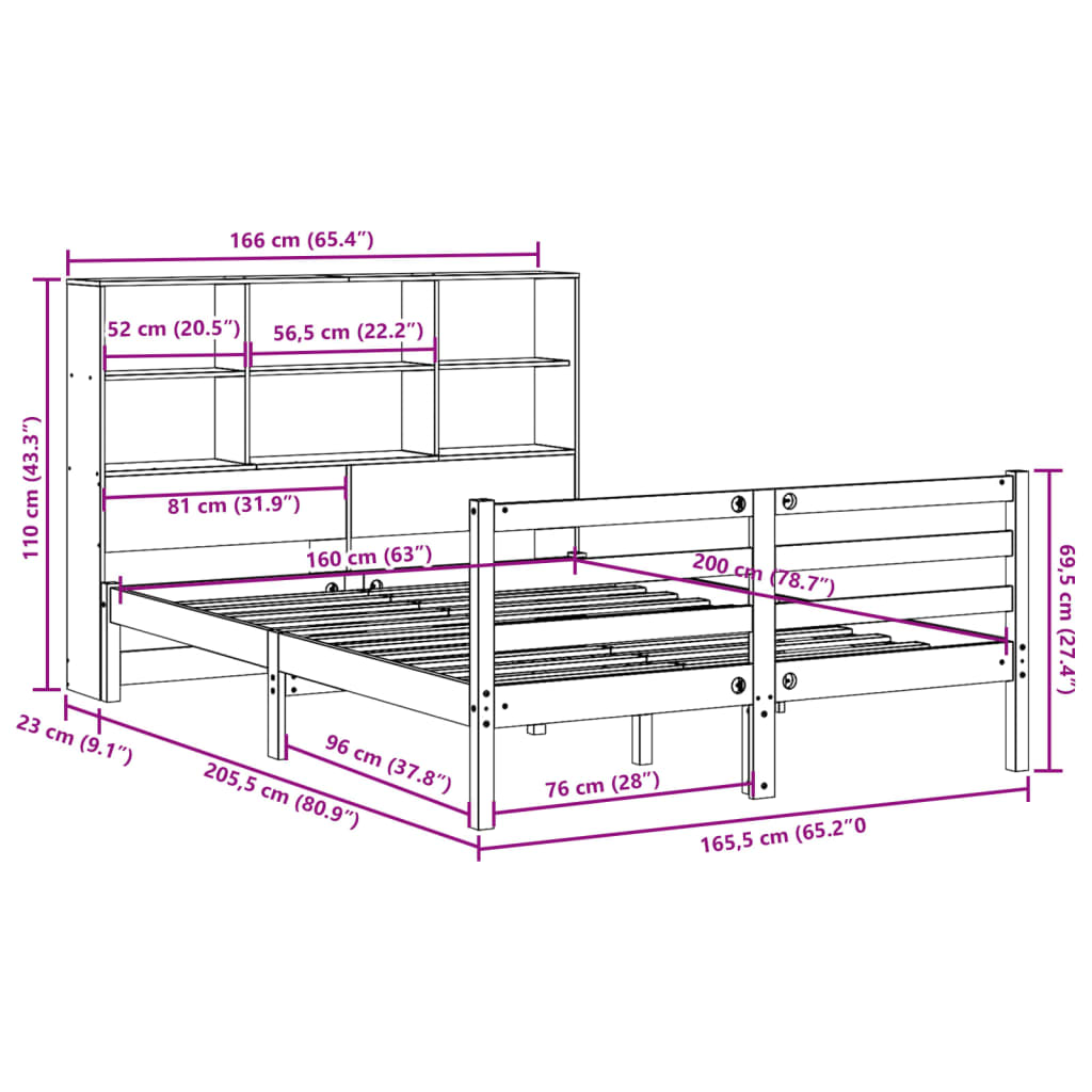 Lit bibliothèque sans matelas blanc 160x200 cm bois pin massif