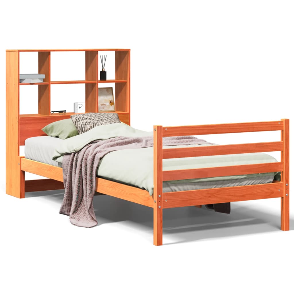 Lit bibliothèque sans matelas cire marron 75x190 cm bois massif - XIOS