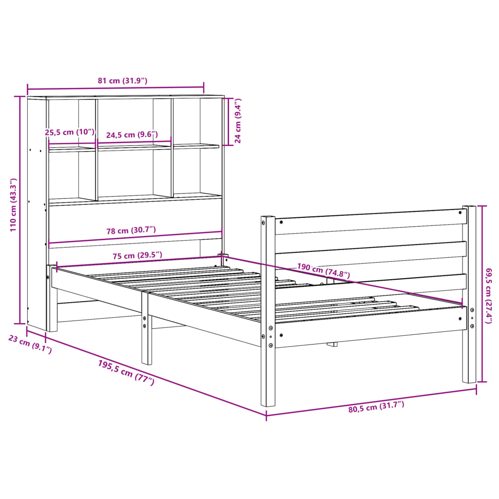 Lit bibliothèque sans matelas cire marron 75x190 cm bois massif - XIOS